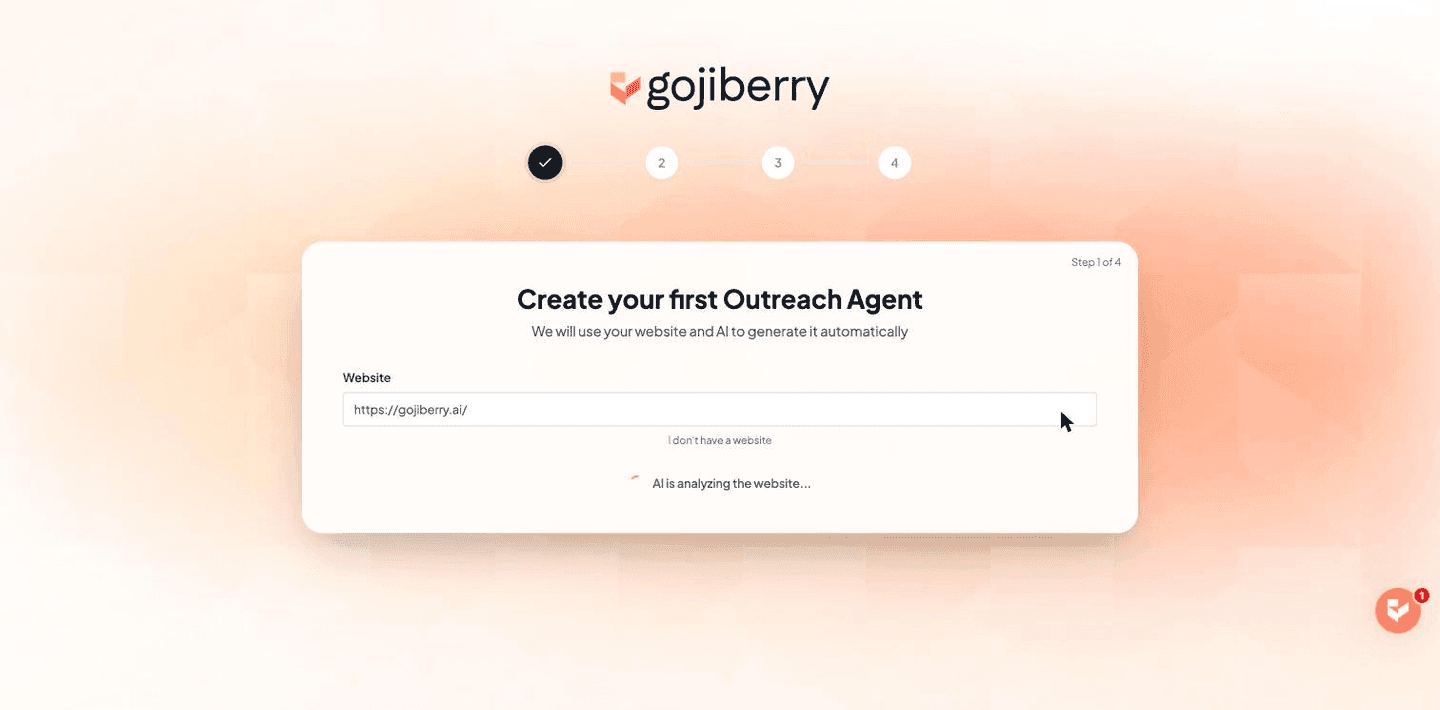Gojiberry AI onboarding screen where you enter your website URL for the AI to analyze