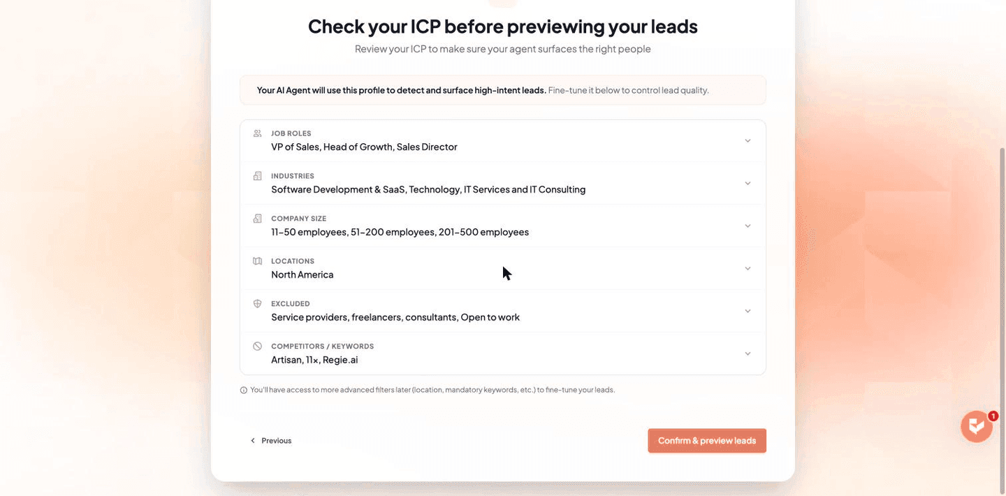 Gojiberry AI ideal customer profile builder with pre-filled job titles and company targeting filters