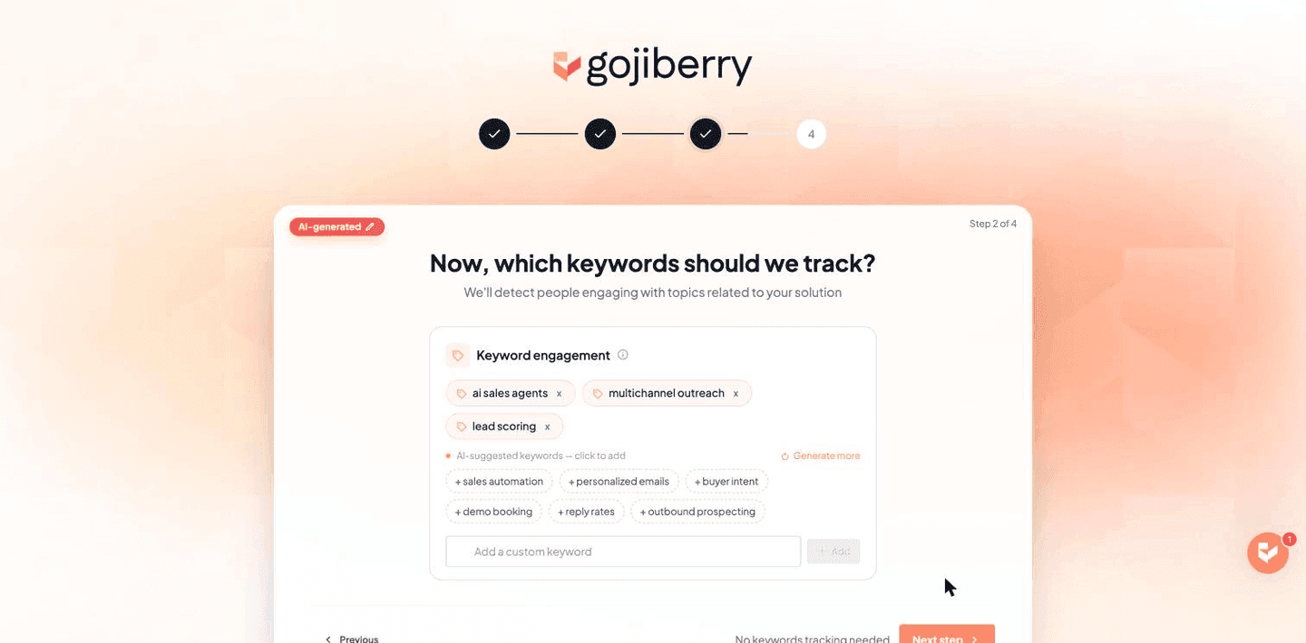 Gojiberry AI intent signal and keyword selection screen for tracking high-intent prospects