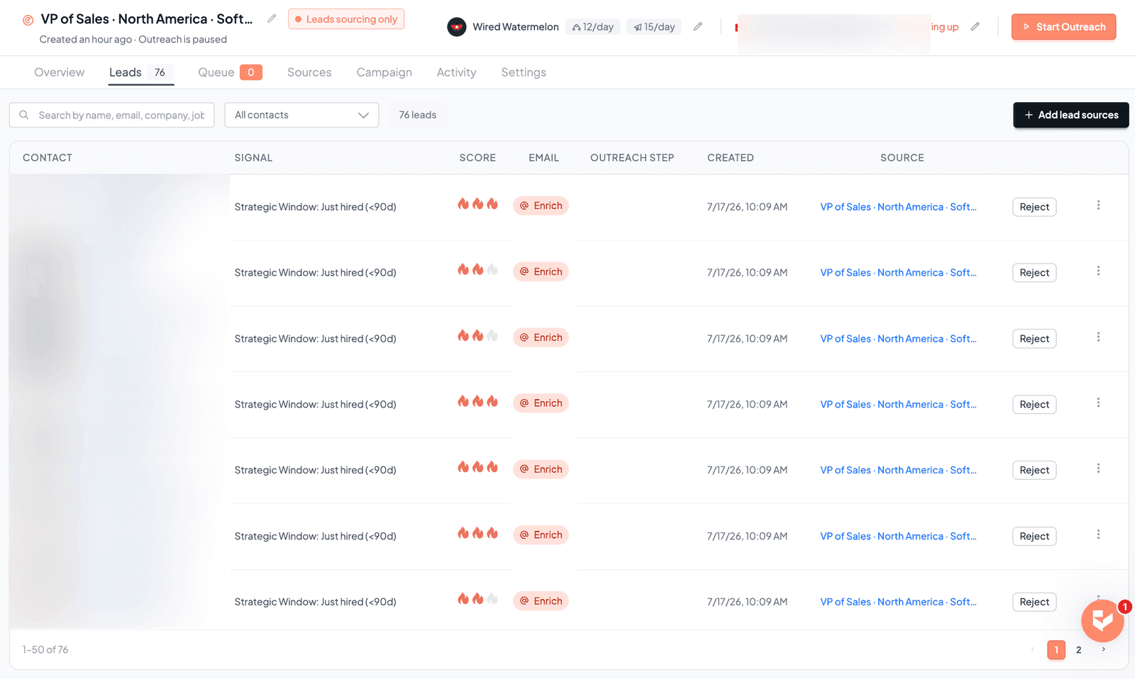 Gojiberry AI leads list showing dozens of matching prospects, each tagged with a buying-intent signal such as recently hired